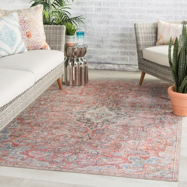 slide 1 of 11, Gracewood Hollow Eddo Indoor/Outdoor Red and Light Blue Medallion Area Rug