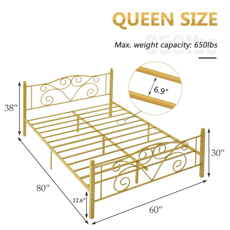 Victorian Style Metal Bed Frames with Headboard,No Box Spring Needed