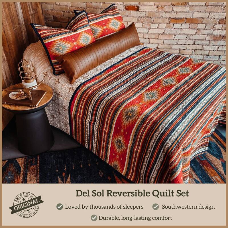 Paseo Road Del Sol Aztec Western Bedding 3 Piece Reversible Quilt Set with Pillow Shams