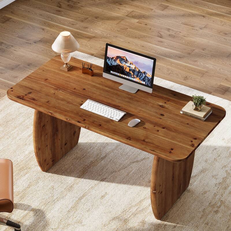 63'' Solid Wood Executive Desk, Large Office Computer Desk with Sturdy Wood Legs