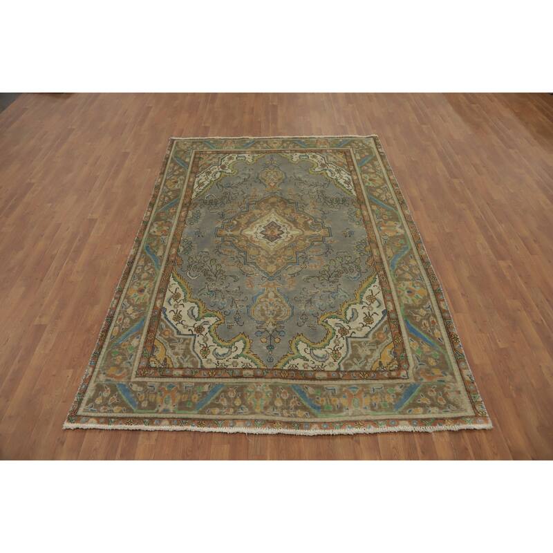 Hand Knotted Oriental 100% Wool Carpet Traditional Floral Greys & Charcoal Tabriz Area Rug - 9' 5'' X 6' 5''