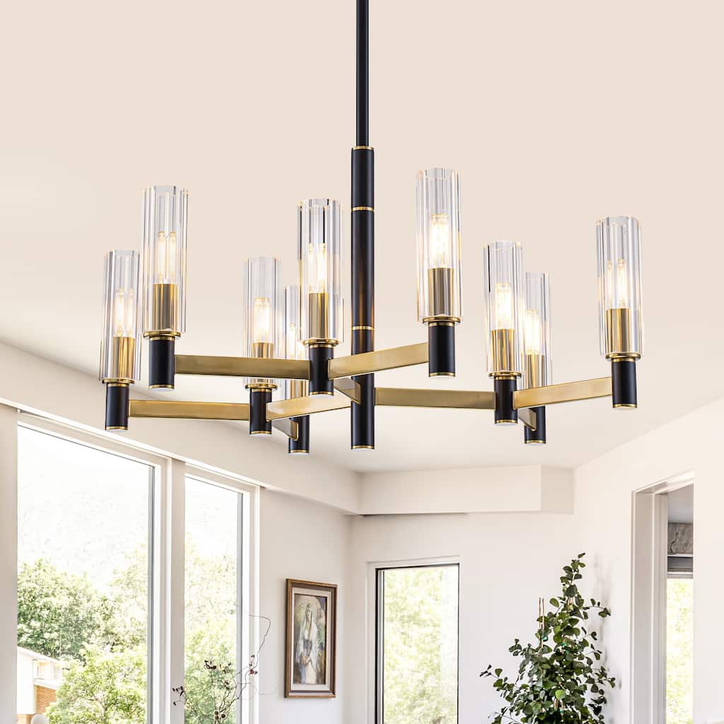 9 Light Black and Gold Chandelier with Crystal Shades Modern Pendant - Dia.29.92 inch