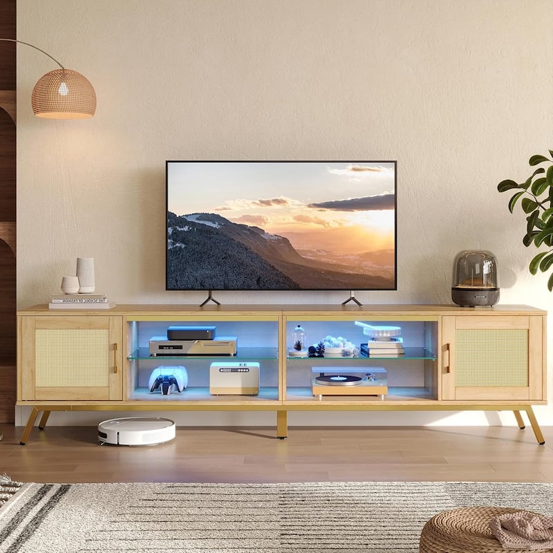 80'' Rattan Black TV Stand for TVs up to 85", Boho LED TV Console with Adjustable Shelves and doors