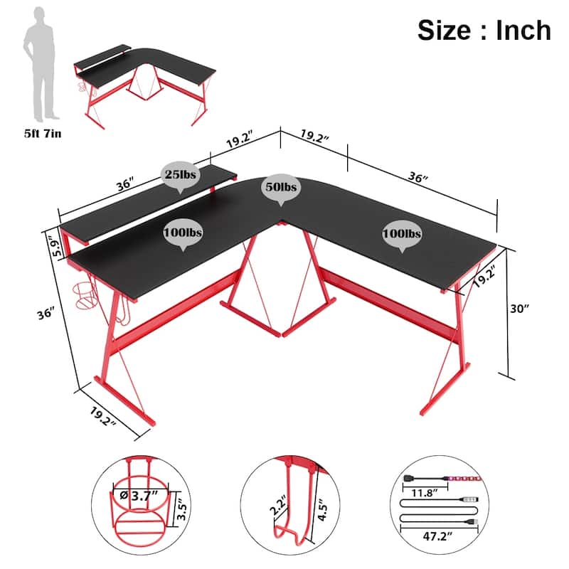 L-Shaped LED Gaming Desk Corner Computer Desk with Monitor Stand
