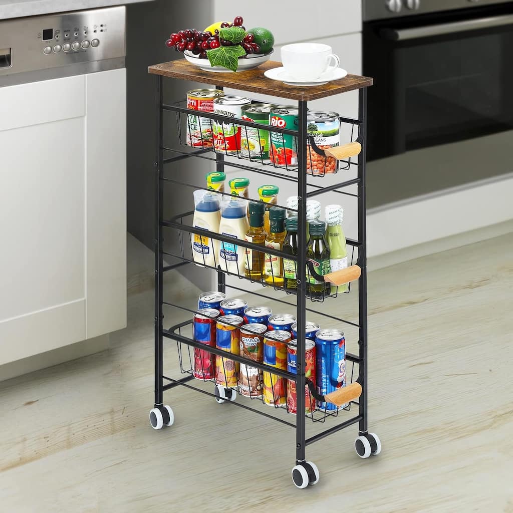 4-Tier Slim Storage Cart with Slide-Out Wire Baskets - 1PCS