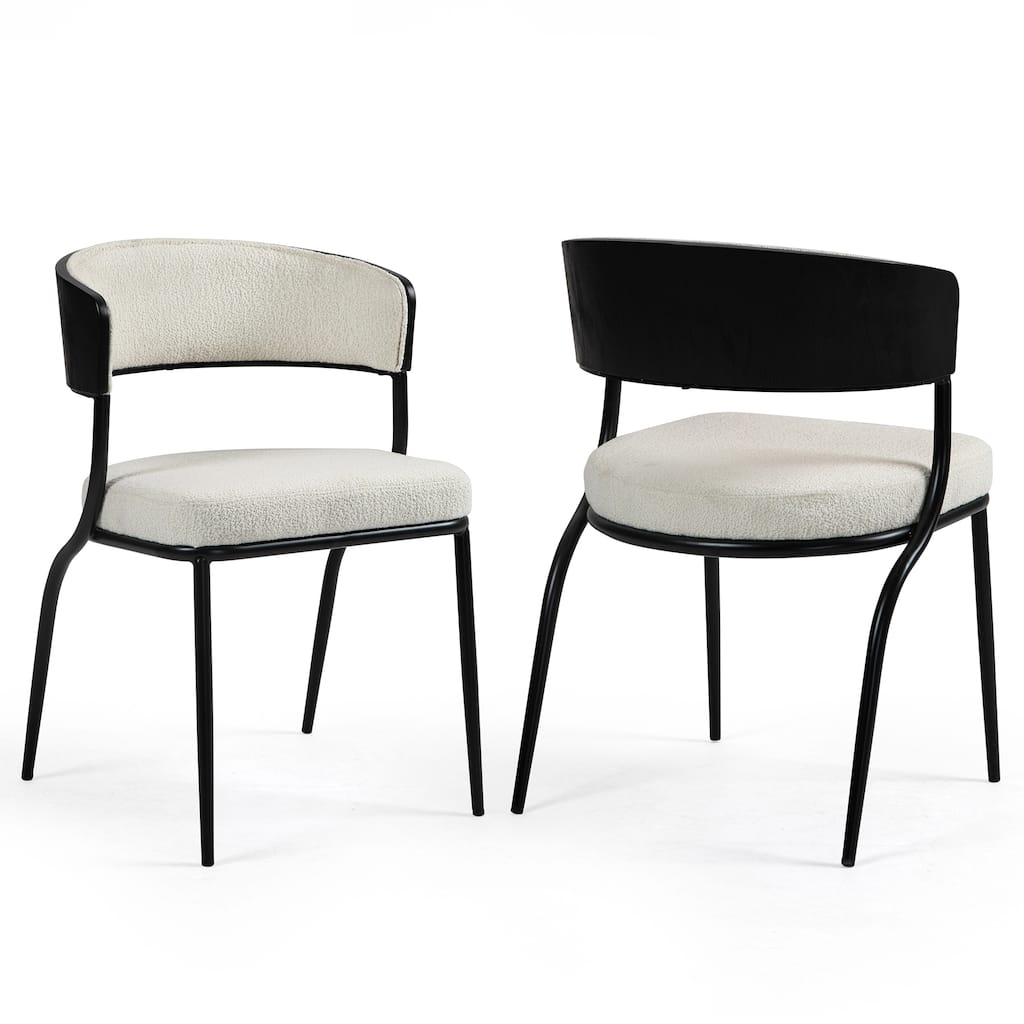 Set of 2 Bayle White Boucle Fabric Dining Chair and Black Iron Legs