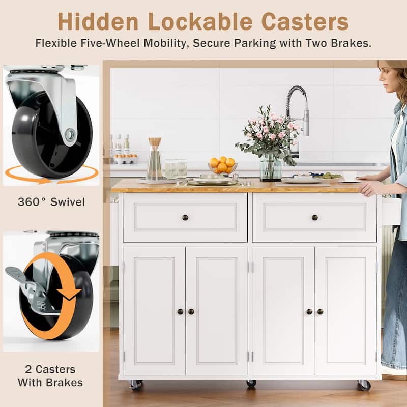 EROMMY 52" Large Kitchen Island Cart with Drop Leaf, 2 Drawers, Storage Cabinets, Rolling Mobile Island