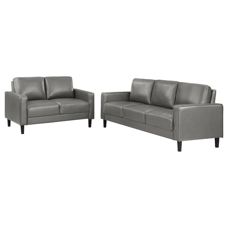 Rumi 2pc Sofa and Loveseat Set, Modern Track Arms, Gray Faux Leather