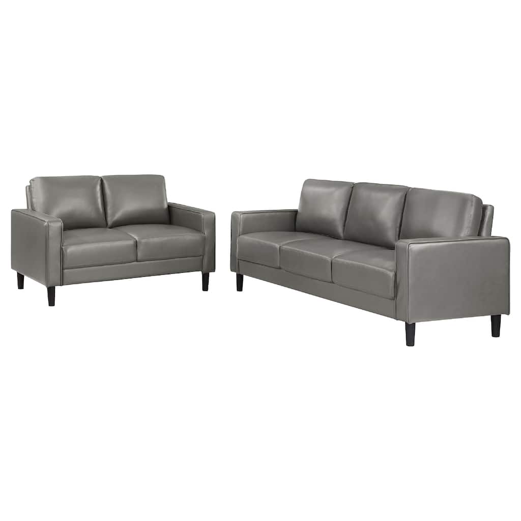 Rumi 2pc Sofa and Loveseat Set, Modern Track Arms, Gray Faux Leather
