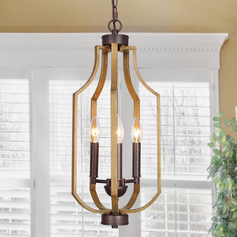 Modern Farmhouse 3-Light Wood Grain Lantern Island Pendant Lights for Dining Room - 9" D x 21" H