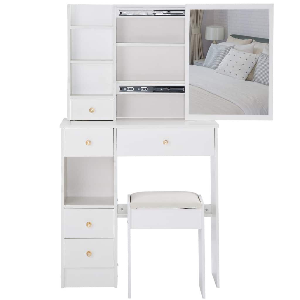29.2" Small Space Left Drawer Desktop Vanity Table + Cushioned Stool, Extra Large Right sliding mirror
