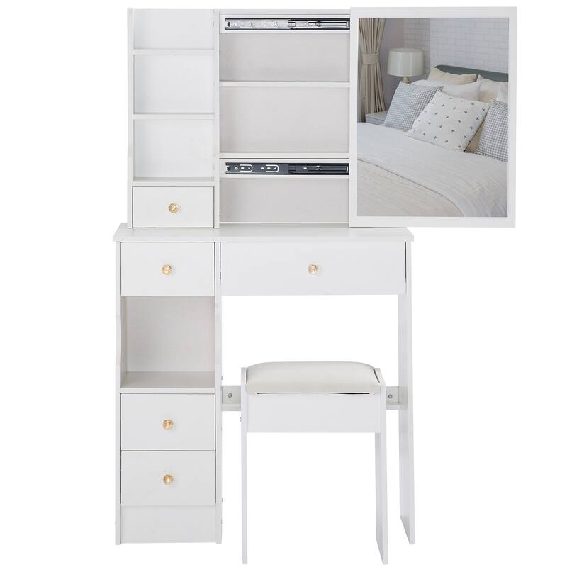 Vanity Desk with Sliding Mirror, Makeup Table with Drawer and Multi Layer Storage Rack, Vanity Set with Cushioned Stool - White