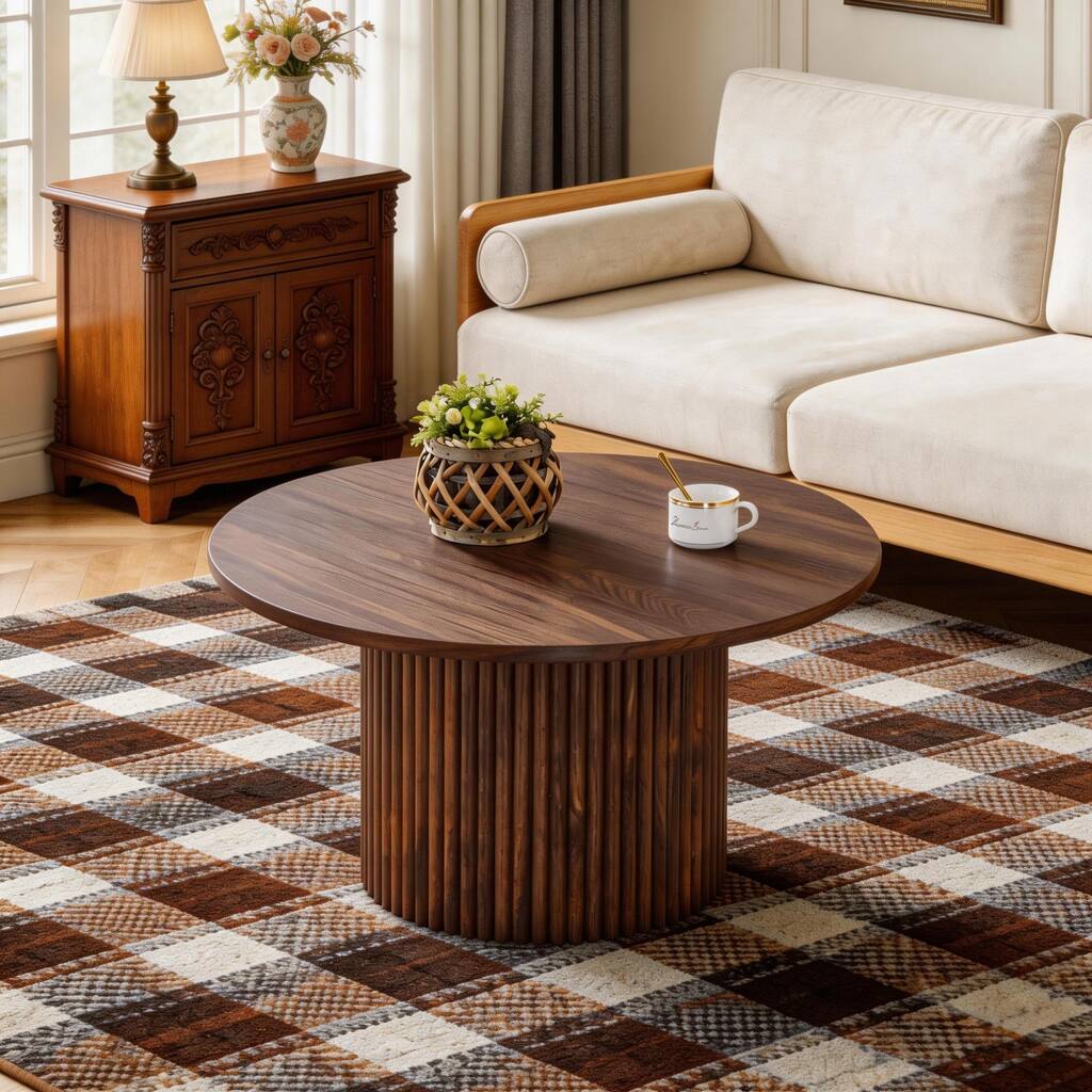 Roomfitters Round Walnut Coffee Table with Fluted Pedestal Base, Round MDF Tea Table, Minimalist Center Table with Storage