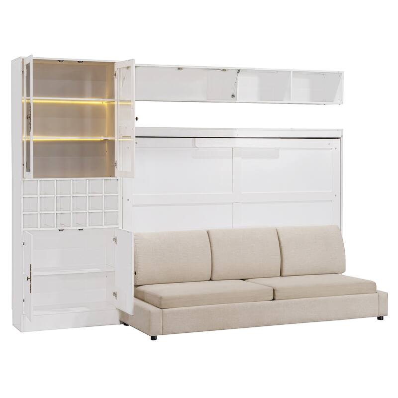 Space-Saving Full Size Murphy Bed with Sofa, Shelves, USB & Light in White