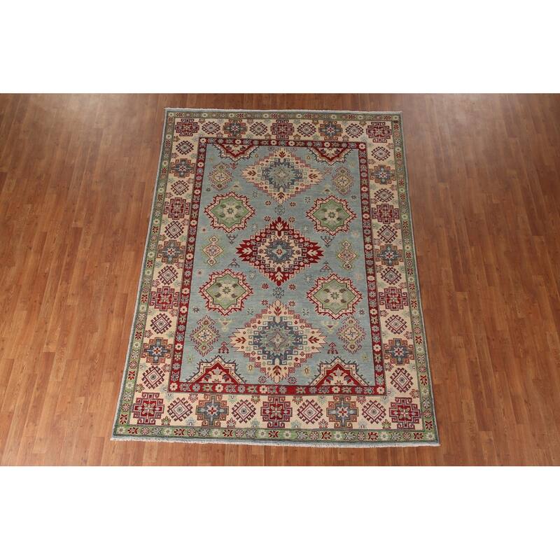 Light Blue Traditional Kazak Area Rug Hand-Knotted Wool Carpet - 6'9" x 9'4"