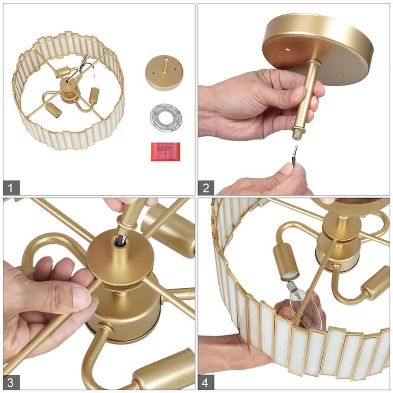 Tifany Modern Gold 3-Light Drum Glass Chandelier Semi-Flush Mount Ceiling Light