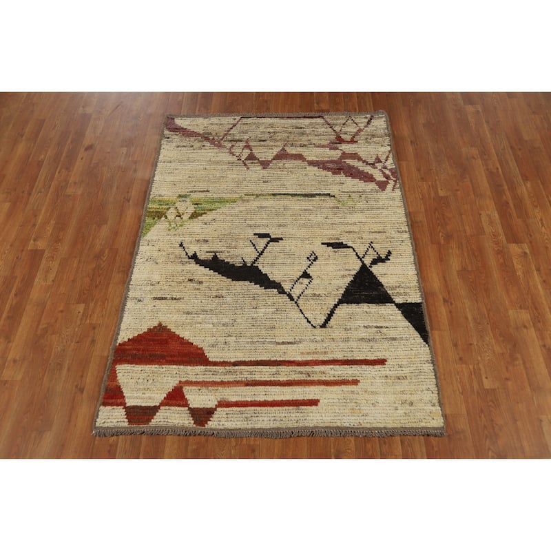 Moroccan Oriental Rug Hand-Knotted Geometric Wool Carpet - 4'2" x 5'11"