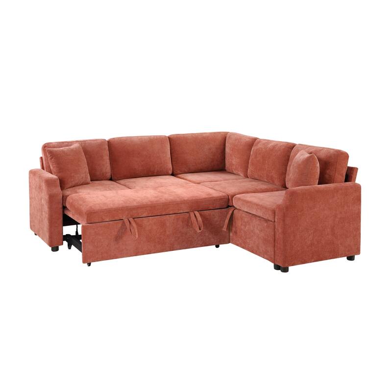 L-Shaped Sectional Sofa Bed, Chenille Upholstered Sleeper Sofa with Hidden Storage Compartment, 4 Seater Corner Sectional Sofa