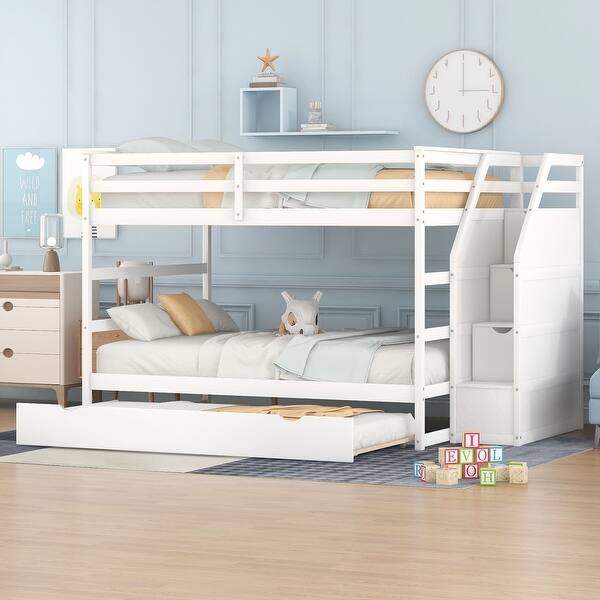slide 2 of 9, White Full-over-Full Pinewood Bunk Bed with Twin Trundle, 3 Storage Stairs, and Full-Length Guardrail White