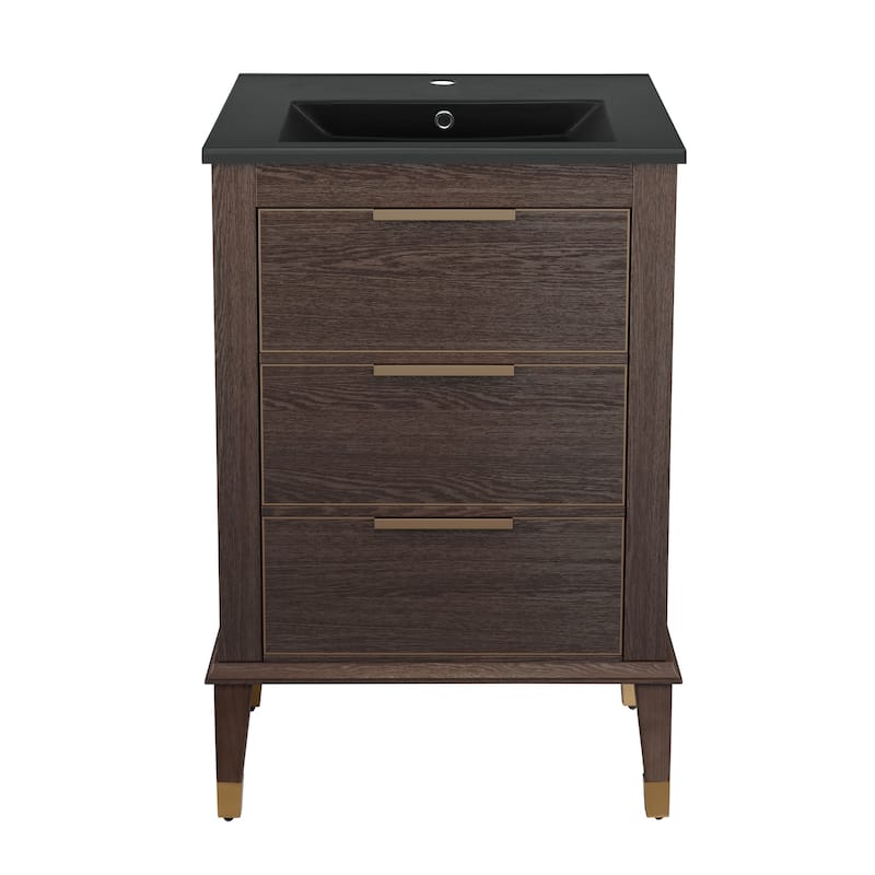 Hugo 24 In. Brown Oak Bathroom Vanity With Black Ceramic Sink Top