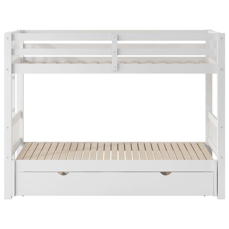 Twin Over Pull-Out Bunk Bed with Trundle, Solid Wood Twin Over Twin/Double Twin Bunk Bed with Ladder and Full-Length Guardrail