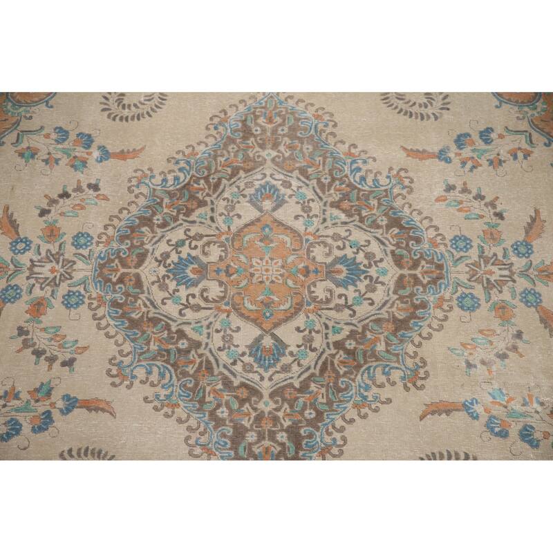Hand Knotted Oriental 100% Wool Carpet Traditional Floral Beige & Ivories Tabriz Area Rug - 12' 11'' X 9' 6''