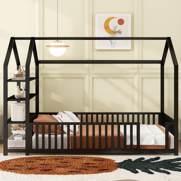 slide 2 of 12, Black Twin Size House Bed for Kids, Metal Montessori Floor Bed Frame with Fence for Boys, Girls, Detachable Storage Shelves Black - Twin
