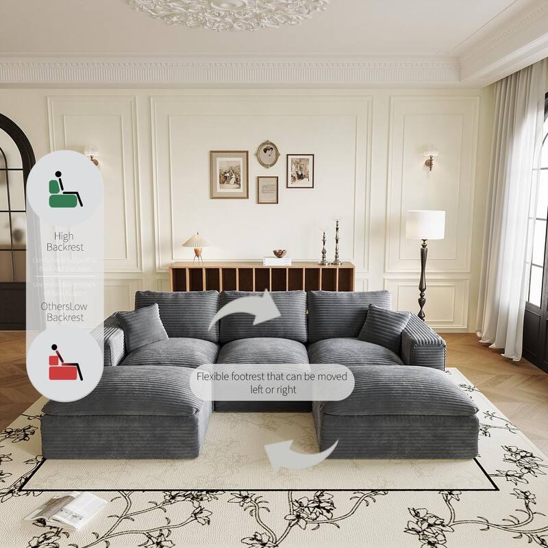 L-Shaped Cloud Sectional Sofa with Chaise Lounge, Corduroy Upholstered 3 Seater Sofa, Modular Corner Sofa with Deep Seat