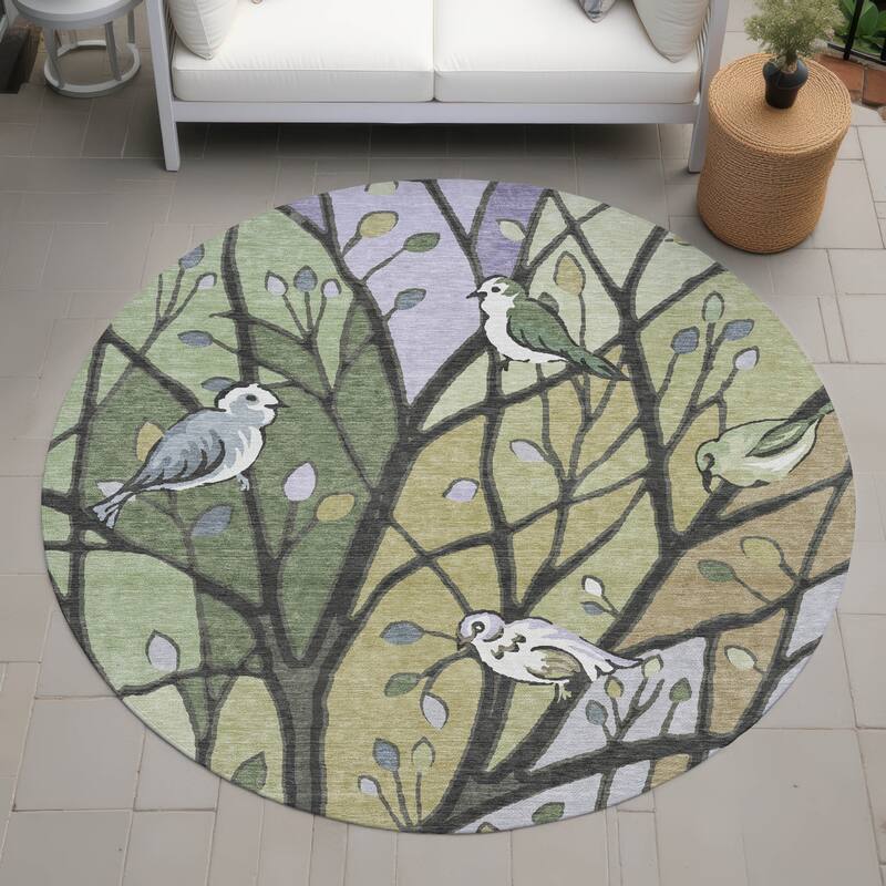 Machine Washable Indoor/ Outdoor Bird Mosaic Chantille Rug - Aloe - 8' x 8'