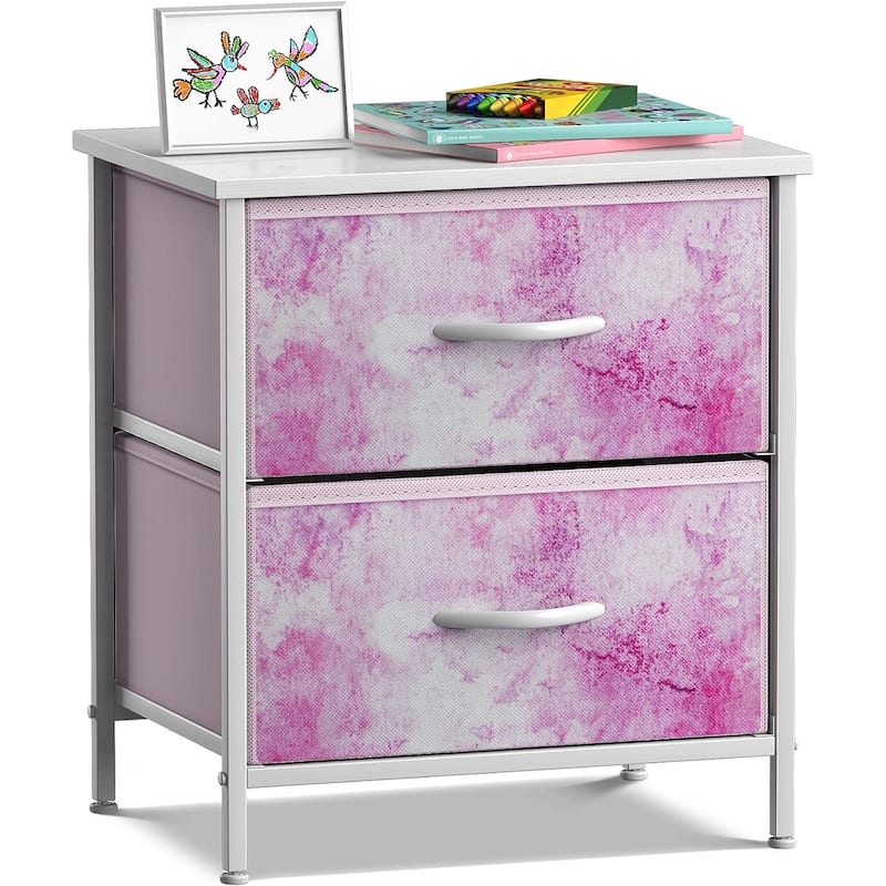 2 Drawer Bedside Nightstand End Table Bedroom Dresser, Pastel Colors - Tie-Dye Pink