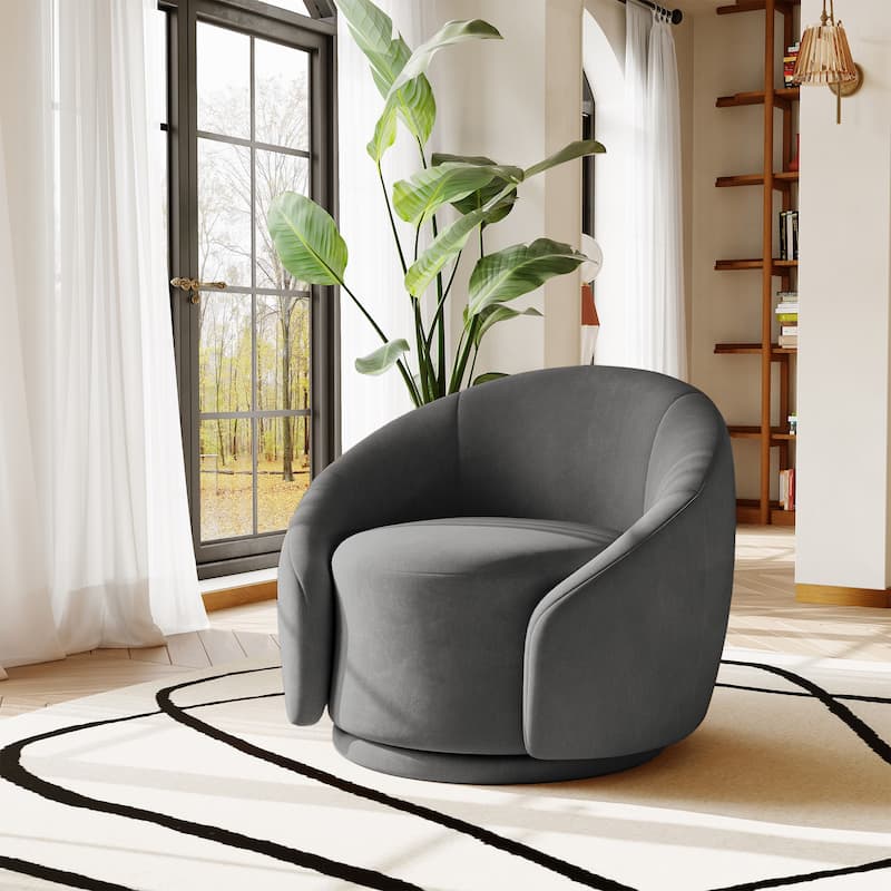 35" Wide Velvet/ Boucle Swivel Barrel Accent Chair