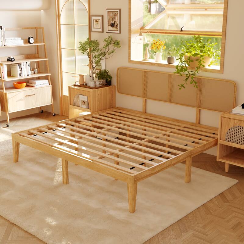 Solid Wood Platform Bed Frame with Rattan Headboard, 600 lbs Heavy Duty Support, Plywood Slats Queen / Full Size