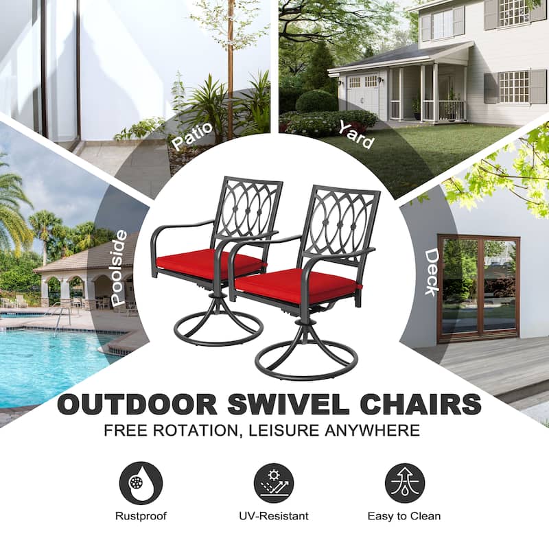 Metal Patio Dining Set with Umbrella Hole, Swivel Chairs with Cushions