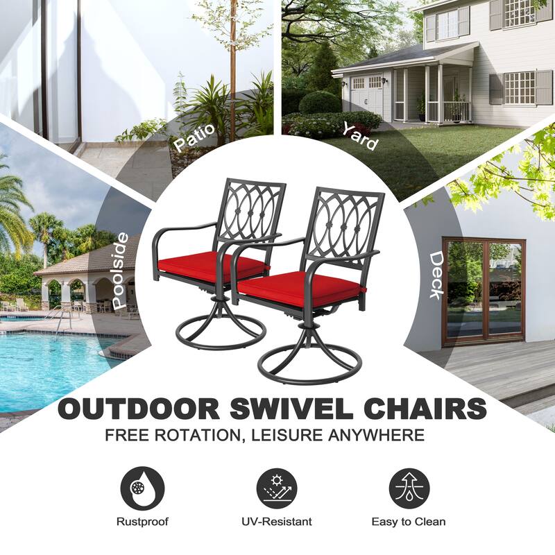 Outdoor 2-Piece Swivel Dining Chairs, 360-Degree Rotation and Red Cushions