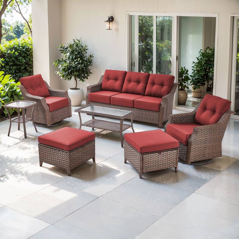 Artisan Patio Brown Wicker Sofa Conversation Set with 6-Inch Thick Cushions - Red - 7-Piece