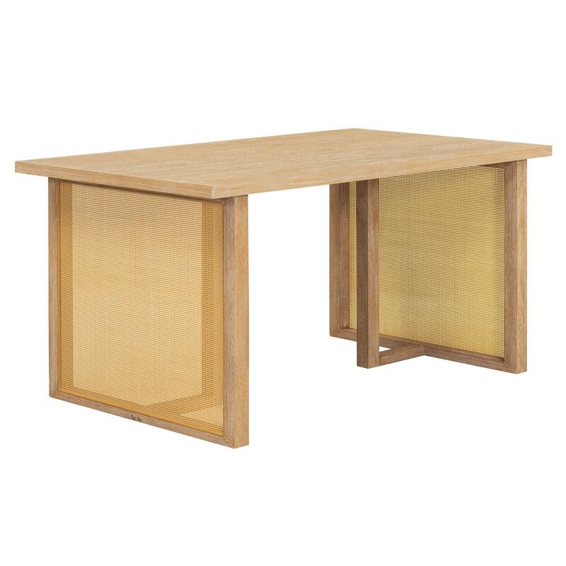 7-Piece Wood Dining Table Set, Rectangular Dining Table Set with 6 Rattan Chairs, Kitchen Dining Table & Chair Set for 6