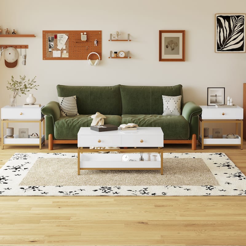 Rossetta Modern Wooden Coffee Table with Large Drawers and Spacious Lower Open Shelf - White+Gold