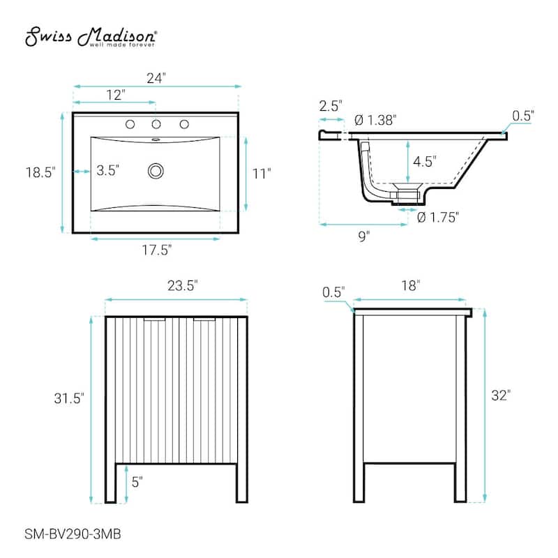 Swiss Madison SM-BV290-3MB Bastille 24" Free Standing Single Basin
