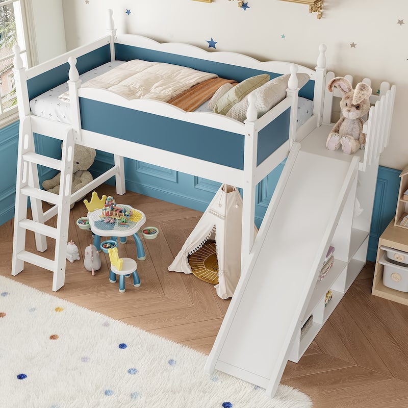 Twin Loft Bed with Storage Shelves and Wardrobe, Solid Wood Loft Beds with Detachable Slide and Ladders, No Spring Box Needed