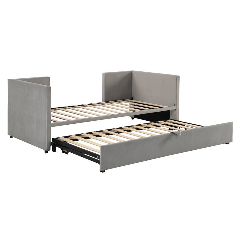 Grey Twin Daybed with Upholstered Finish and Pop-Up Trundle - No Box Spring Required