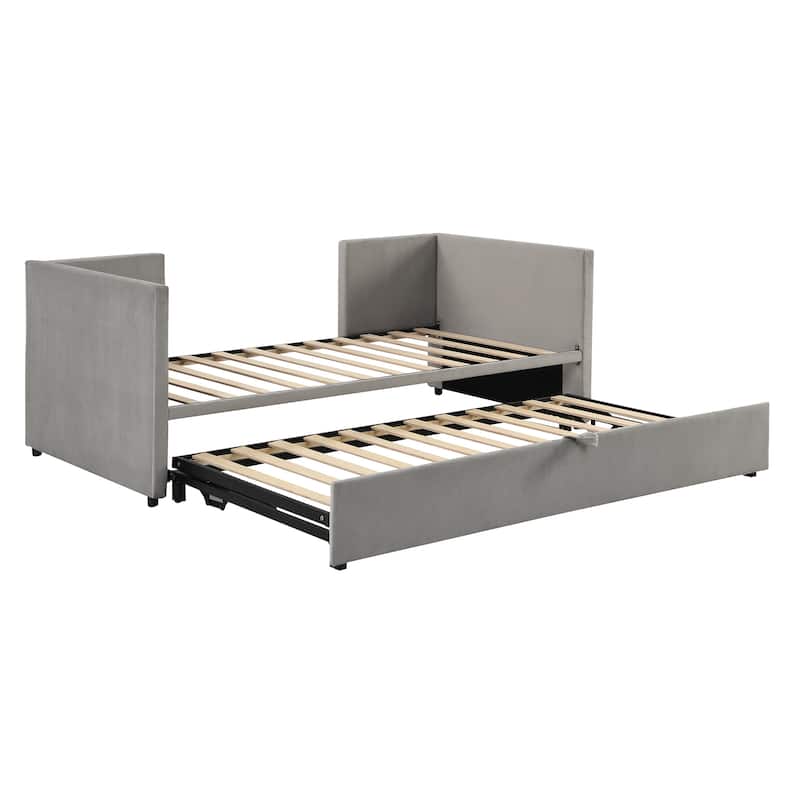 Grey Upholstered Twin Size Daybed with Pop Up Trundle, Multi-Functional Design