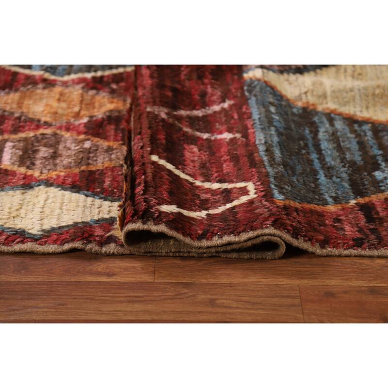 Hand Knotted Oriental 100% Wool Carpet Modern Tribal Red Moroccan Area Rug - 9' 11'' X 6' 4''