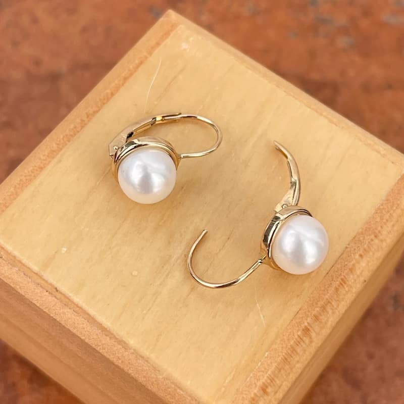 Curata 14k Yellow or White Gold 8mm Freshwater Cultured Pearl Bezel-set Dangle Lever Back Earrings
