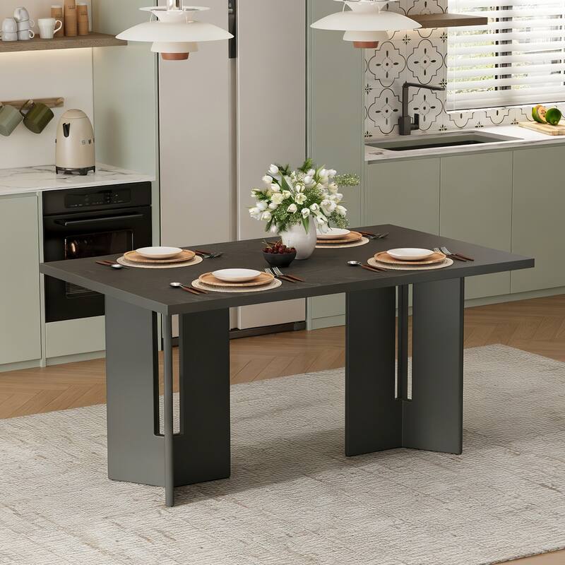 60" Farmhouse Dining Table with Cutout Legs, Rectangular Wood Table for Dining Room & Kitchen - Grey+1 Dining Table