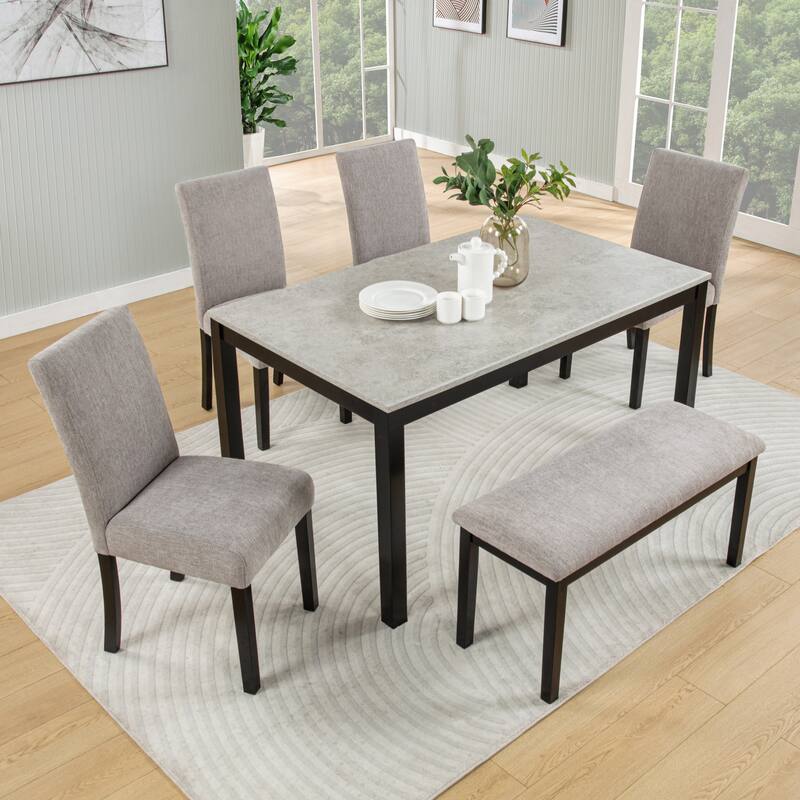 Modern 6 Piece Wooden Dining Table Set, Rectangular Concrete-Effect Tabletop Kitchen Table with 4 Upholstered Chairs and Bench - Black+Grey