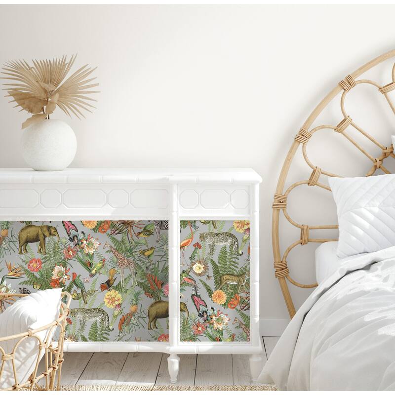 RoomMates Green Tropical Zoo Peel and Stick Wallpaper Bed Bath