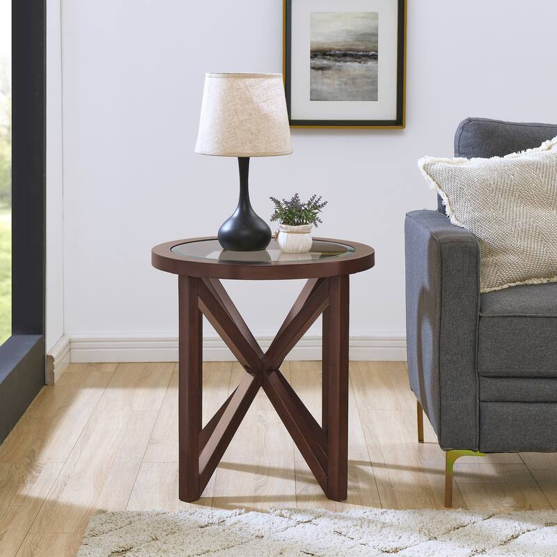 Glass coffee table,Tempered Glass Coffee Table Solid Wood Base Round Transparent Glass Top Terrace Study Coffee Table