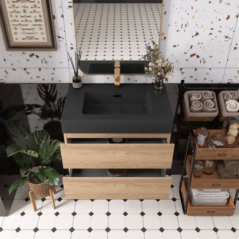 Wall Mounted Bathroom Vanity with Solid Surface Sink and Soft Drawers