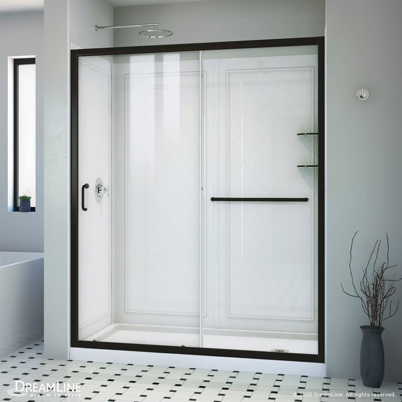 DreamLine Infinity-Z 32 in. D x 60 in. W x 76 3/4 in. H Sliding Shower Door, Shower Base and Backwall Kit - 32" x 60" - Satin Black Clear Glass Right Drain