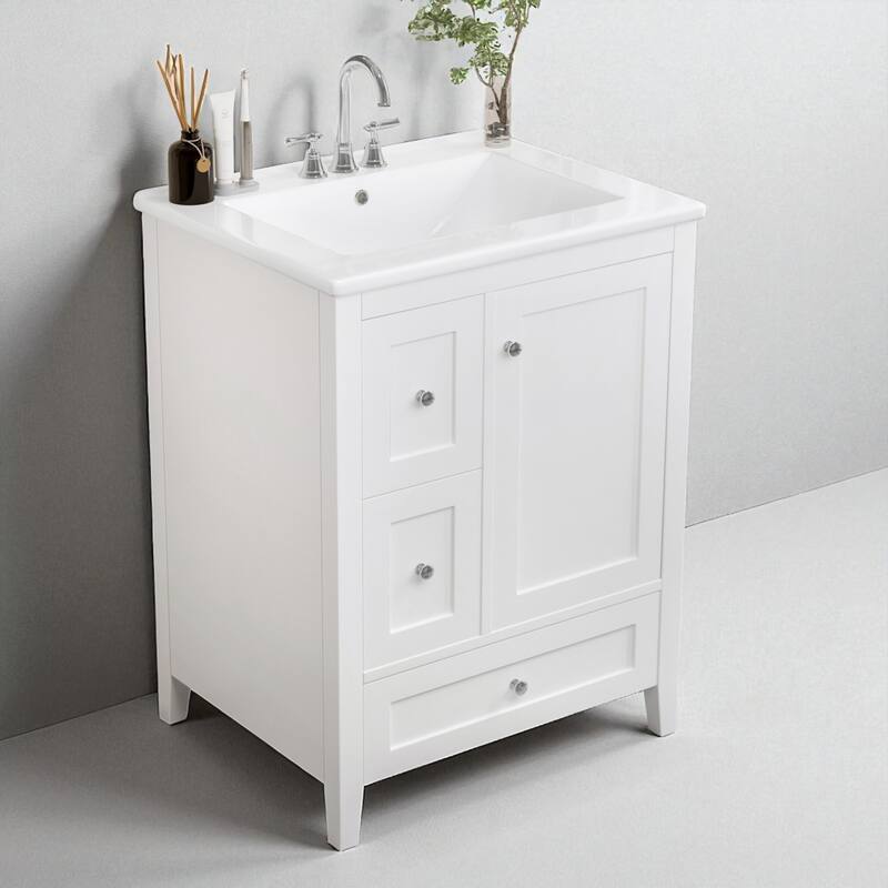 24" Bathroom Vanity with Sink, Adjustable Shelf, Storage Drawers with Removable Dividers, MDF and Rubberwood Base